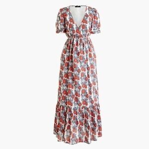 J. Crew V-Neck Maxi Dress Poppy Print AO996 Red Blue White Short Sleeve Large